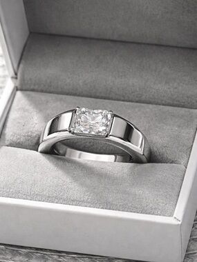 Polished Sterling Silver Ring with Square-Cut Mosanite Stone